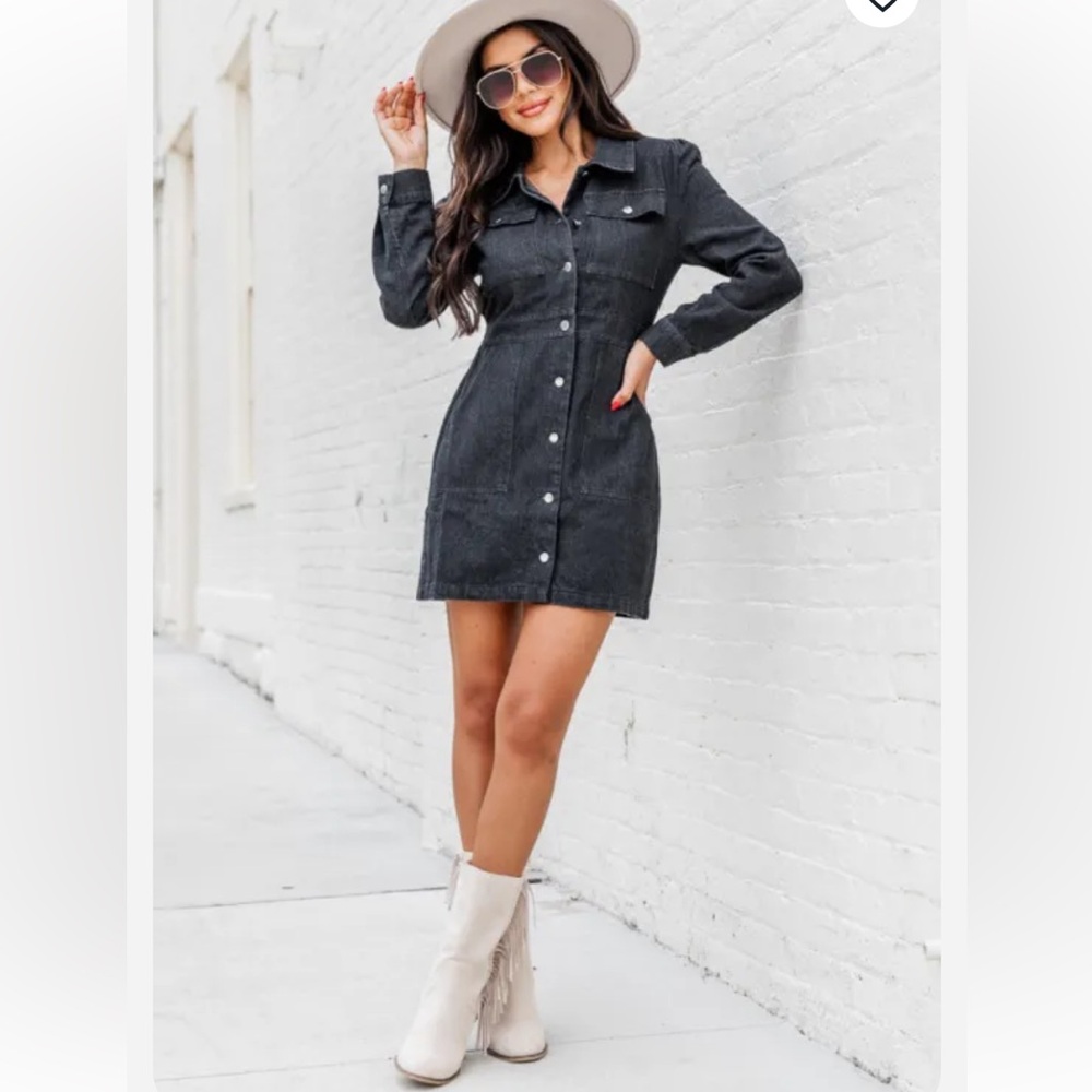 Black Denim Long Sleeve Button Up Mini Dress
